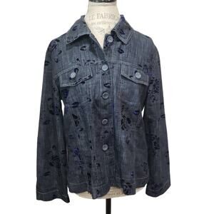 Analogy Dark Blue Jean Floral Print Button Up Long Sleeved Denim Shirt